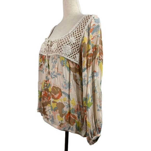 Sanctuary Boho Floral Print Crepe & Crochet Peasant Top Cream Size XS - Picture 4 of 11